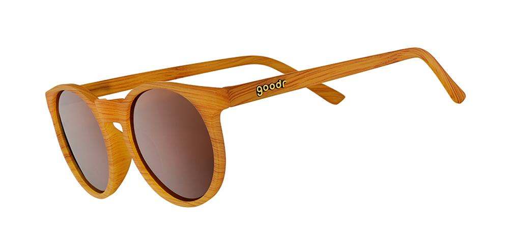 Bodhi' Ultimate Ride sunglasses with brown wooden frames and round lenses.