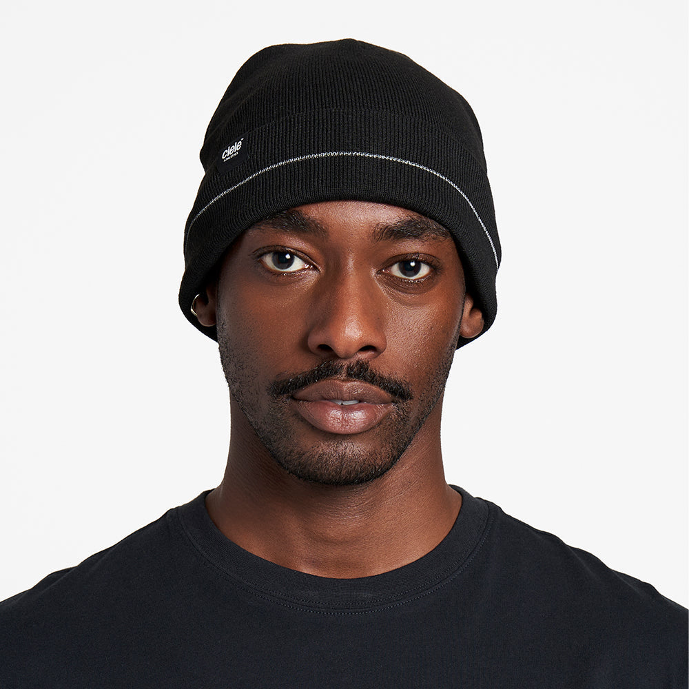 CR3Beanie - Shadowcast, black, double-layer, recycled polyester beanie with reflective stripe.