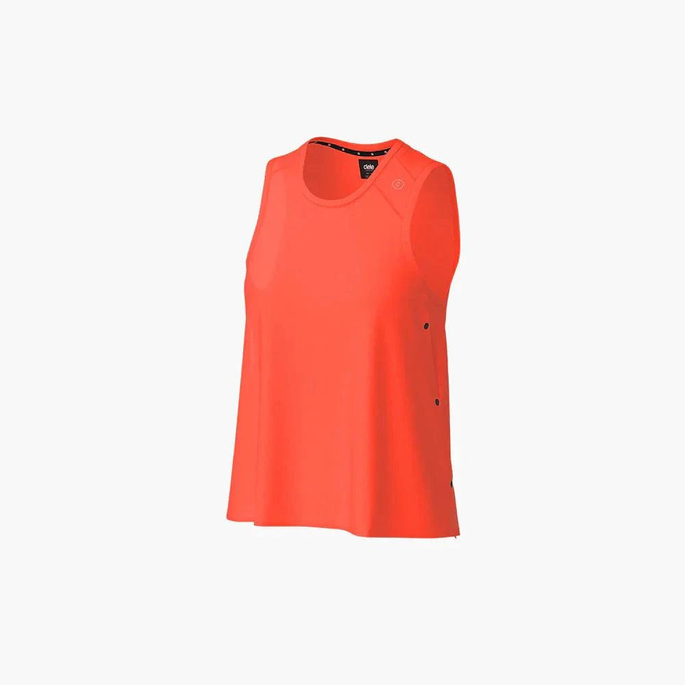 W FSTSinglet - Tana in bright orange, featuring reflective, cooling, and wicking qualities with side vents and flatlock stitching.