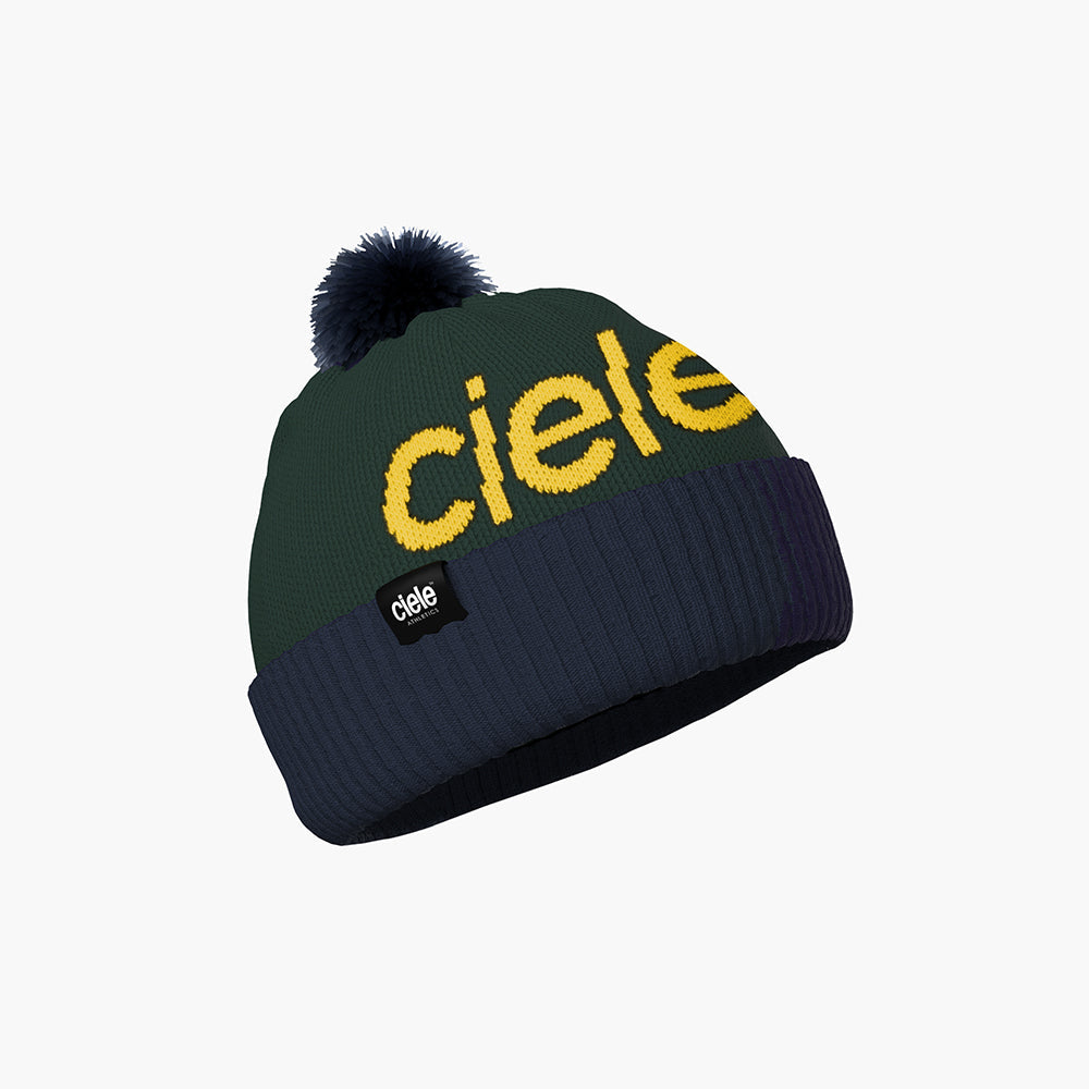 CLXCBeanie - Century - Grove in green with yellow lettering and dark blue trim. Made of recycled polyester, features a reflective stripe, and is machine washable.