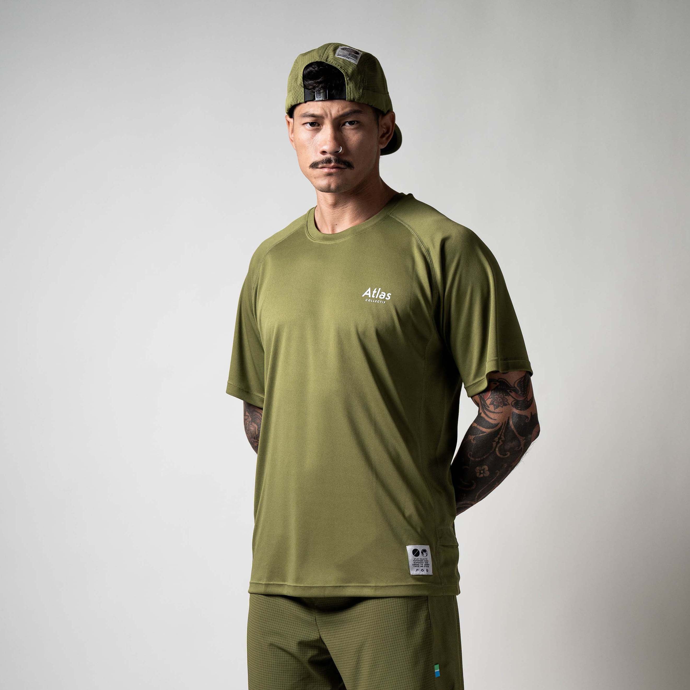 Olive green performance running T-shirt made from recycled plastic, featuring moisture-wicking, quick-drying, and antibacterial properties.