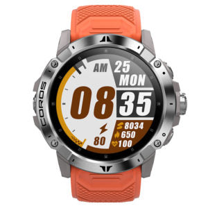 COROS APEX 2 PRO GPS outdoor watch with black titanium bezel, 1.3-inch sapphire screen, and orange band.