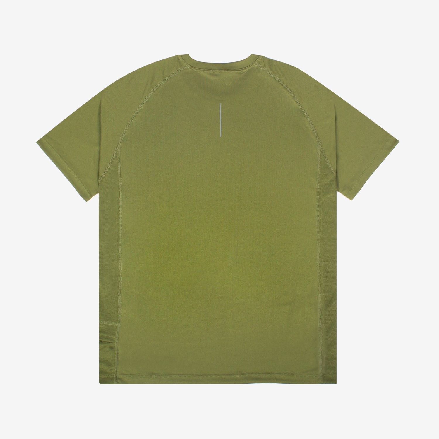 Olive green performance running T-shirt with moisture-wicking and antibacterial properties, features athletic fit and hidden mesh side pocket.