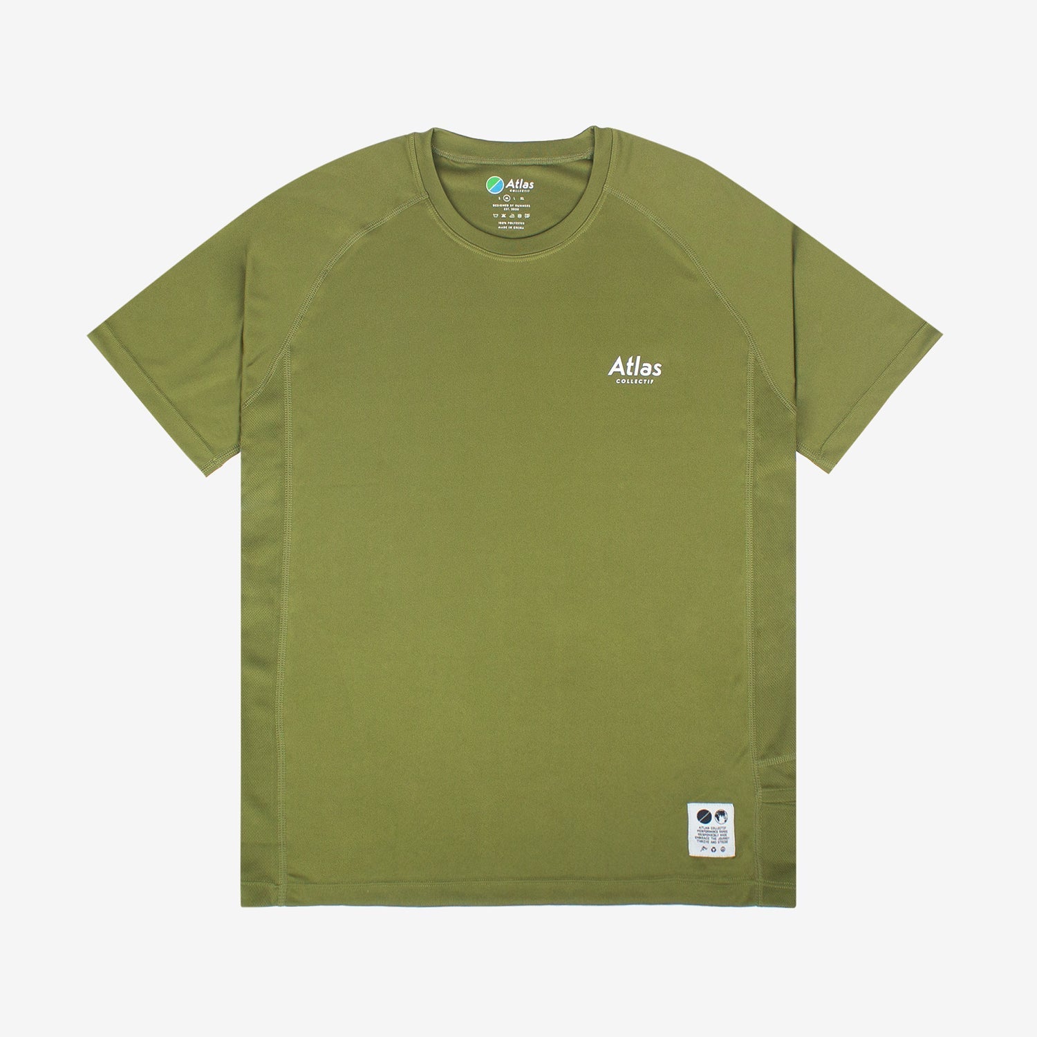 Olive green performance running T-shirt made from recycled plastic with moisture-wicking, quick-drying, and antibacterial features.