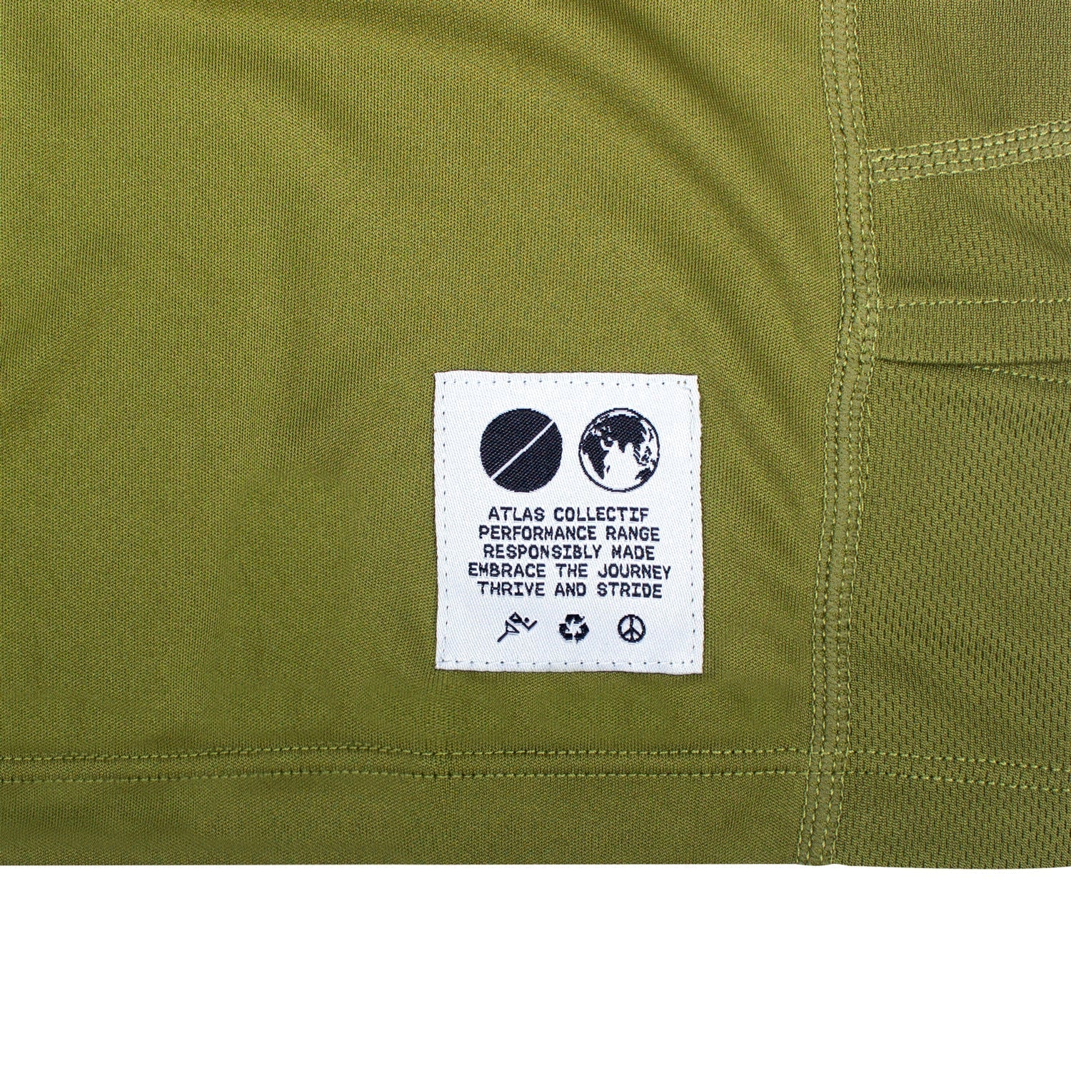 Olive green performance running T-shirt with label, recycled polyester.