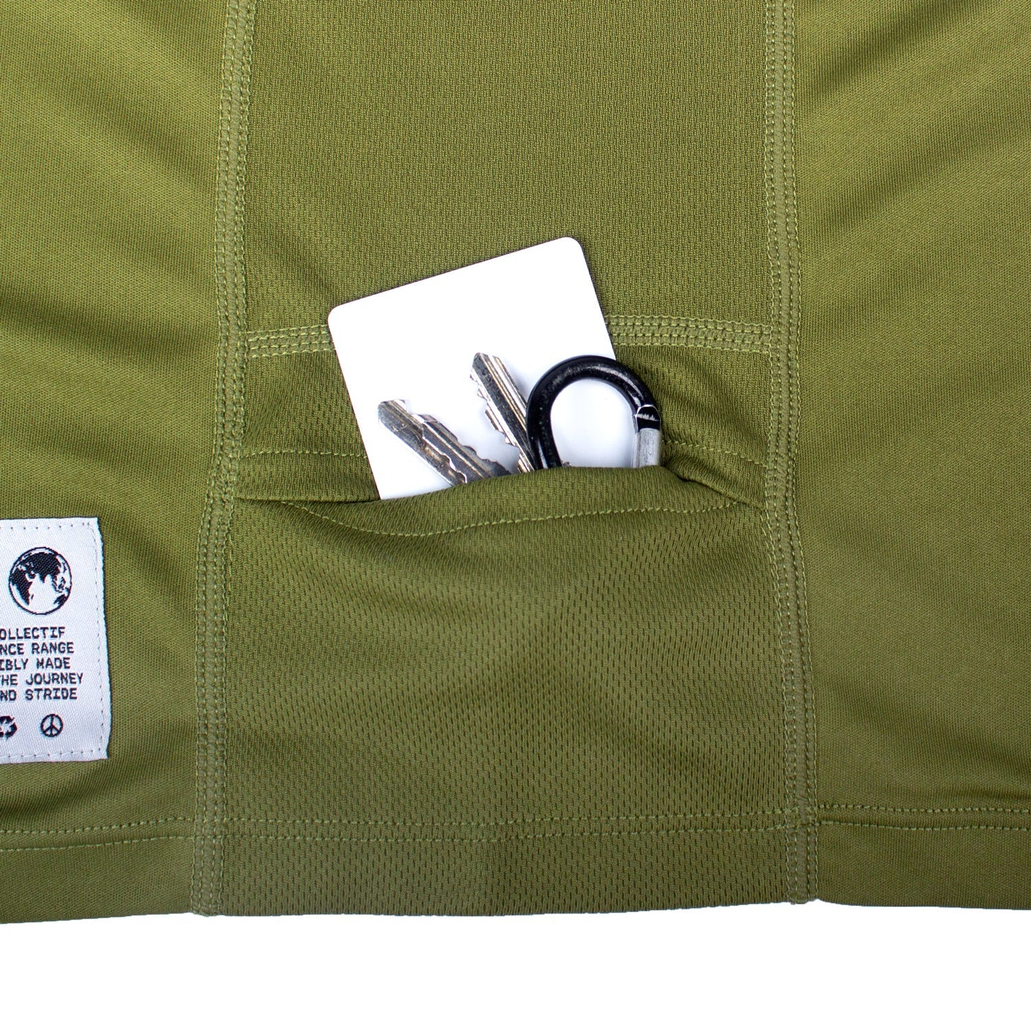 Olive green performance running T-shirt with hidden pocket containing keys and card, made from recycled plastic.