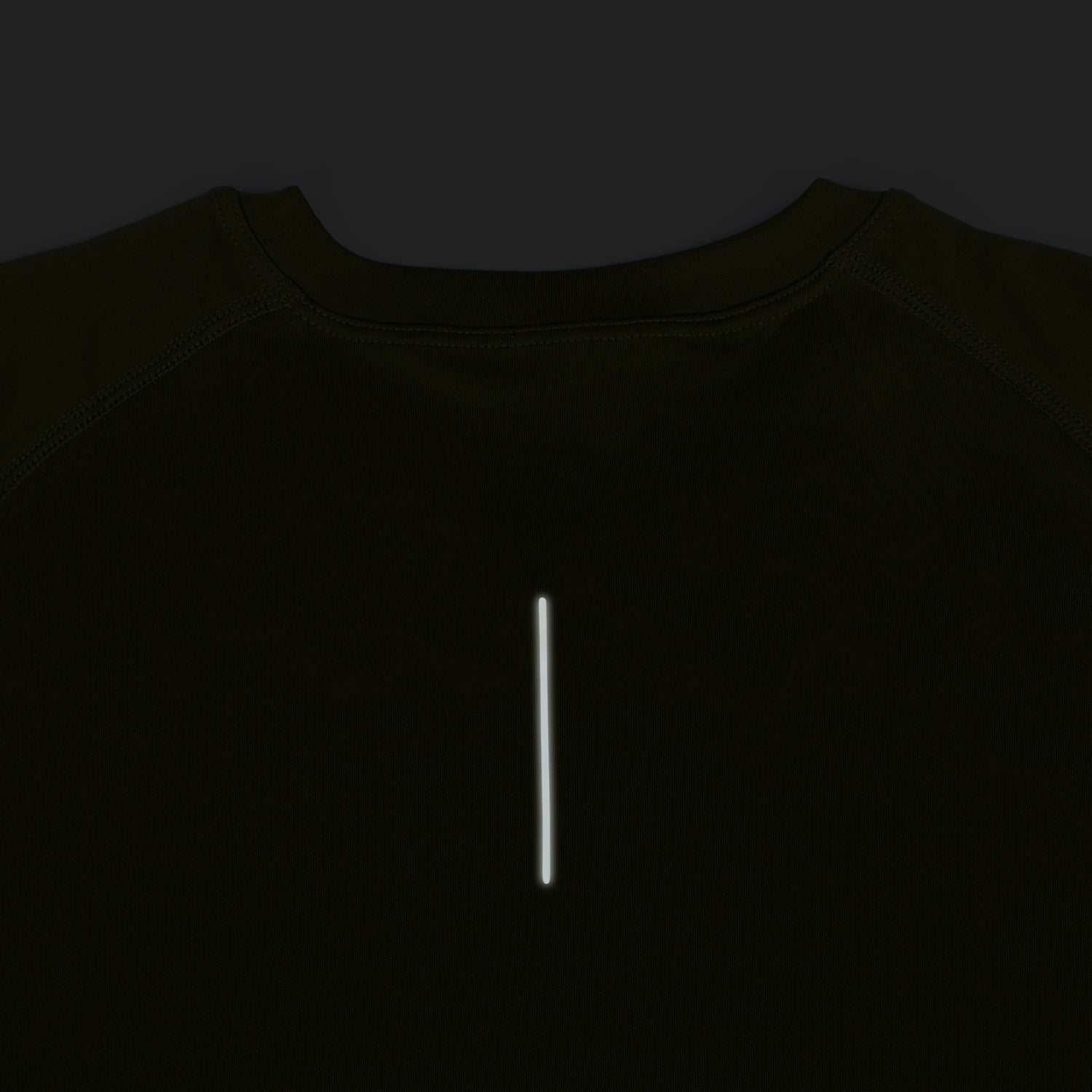 Olive green running t-shirt with reflective detail, made from recycled plastic for moisture-wicking and breathability.
