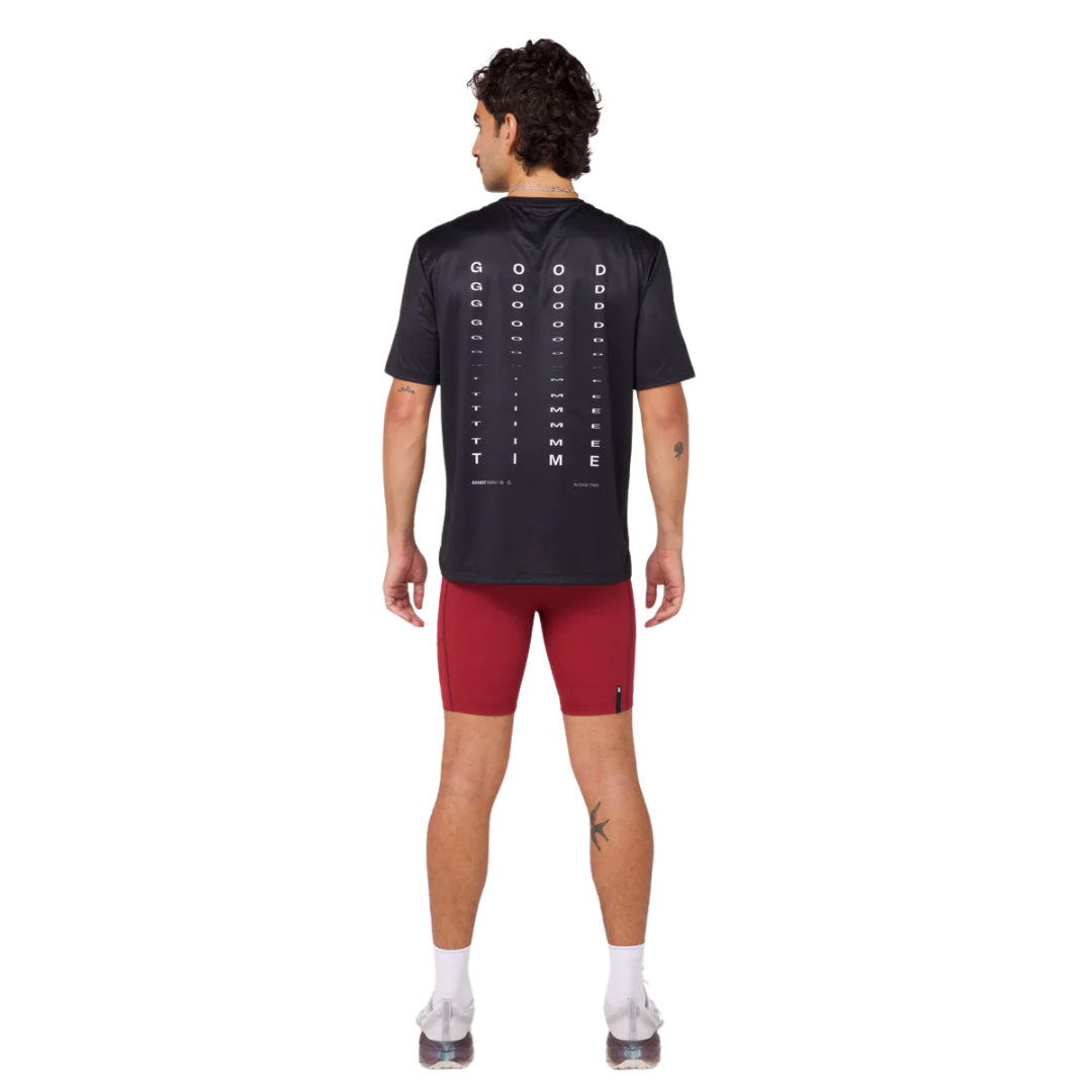 Black performance tee with "Bandit" text, featuring a classic crew neckline and side slit detail; limited run seasonal graphic on back. moisture-wicking