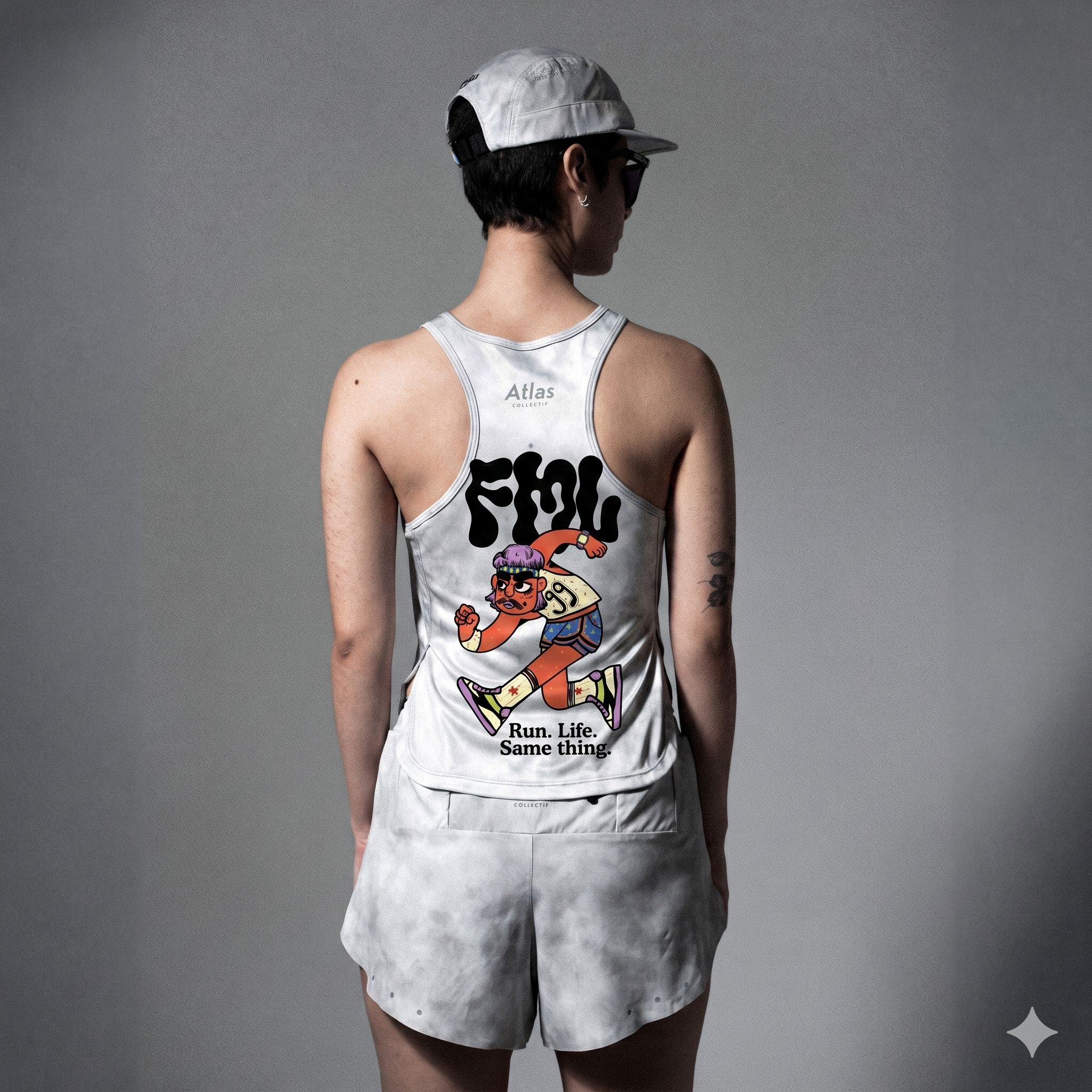 FML WMNS Race Tank grey tie-dye running singlet made from recycled polyester with reflective details and side slits for women