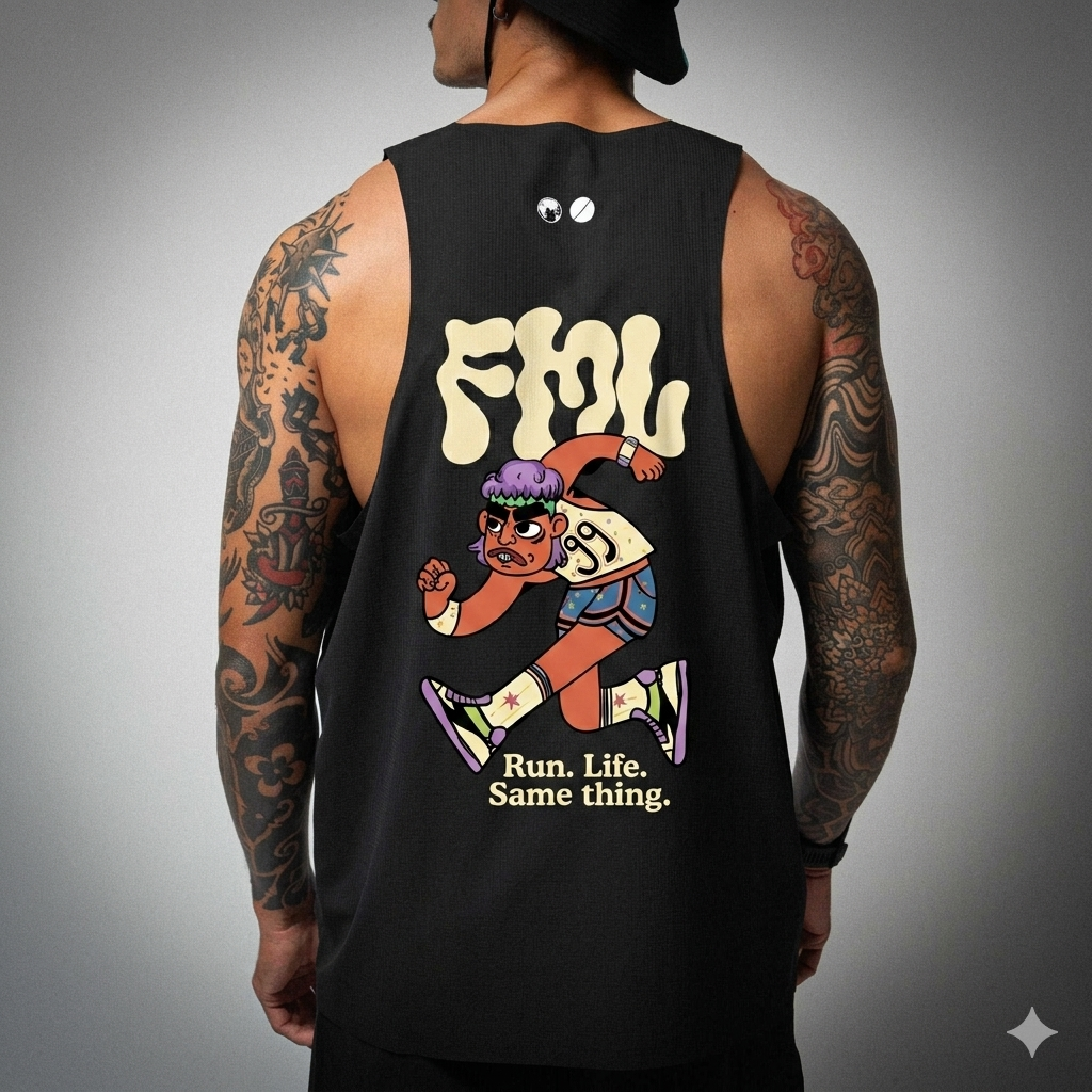 FMLxAtlas Race Tank black lightweight breathable running top with silicone chest patch made from recycled ripstop