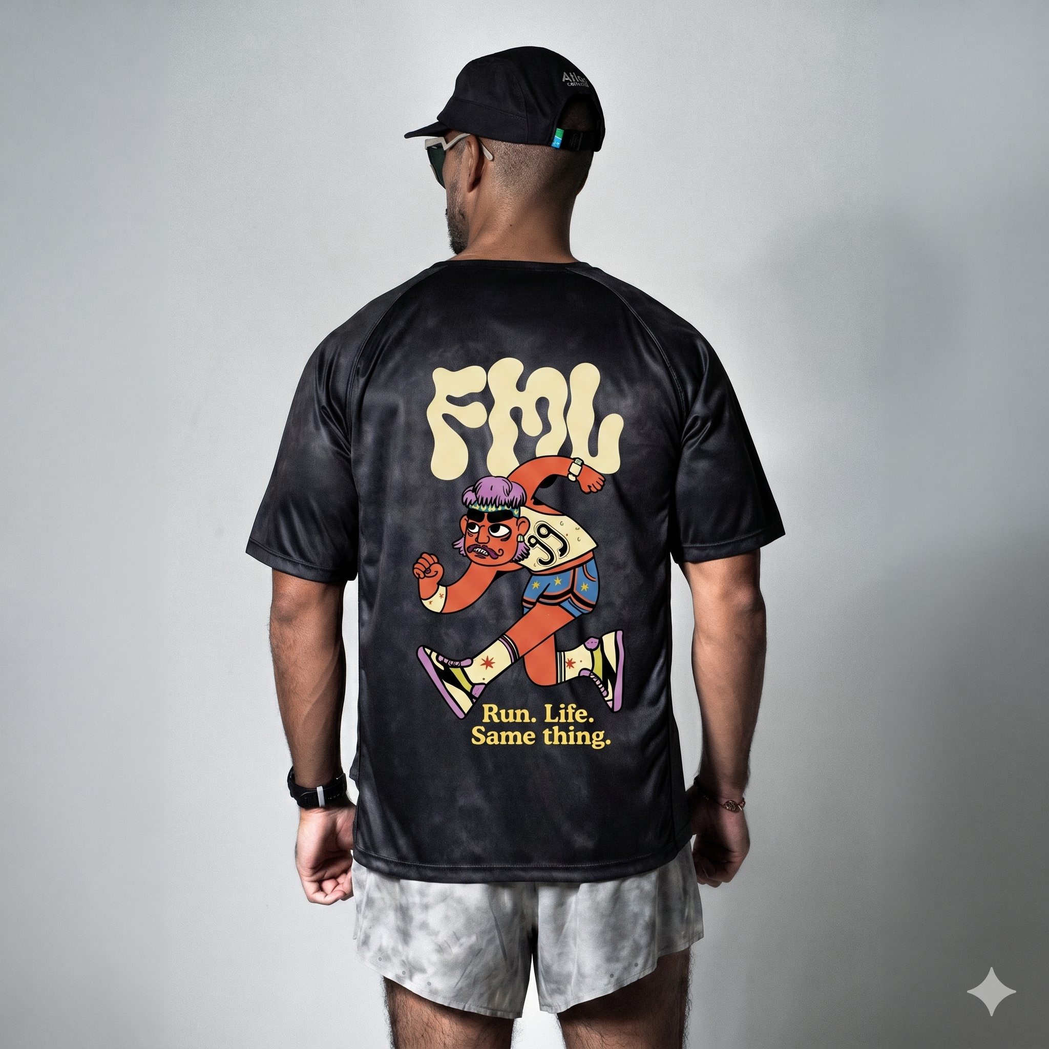 Black tie-dye FML x MNS T-Shirt with mesh panels and hidden pocket designed for runners