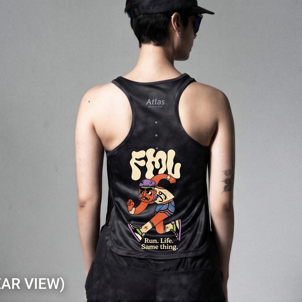 FMLxAtlas WMNS Race Tank black tie-dye running singlet made from recycled polyester with reflective details and side slits for mobility