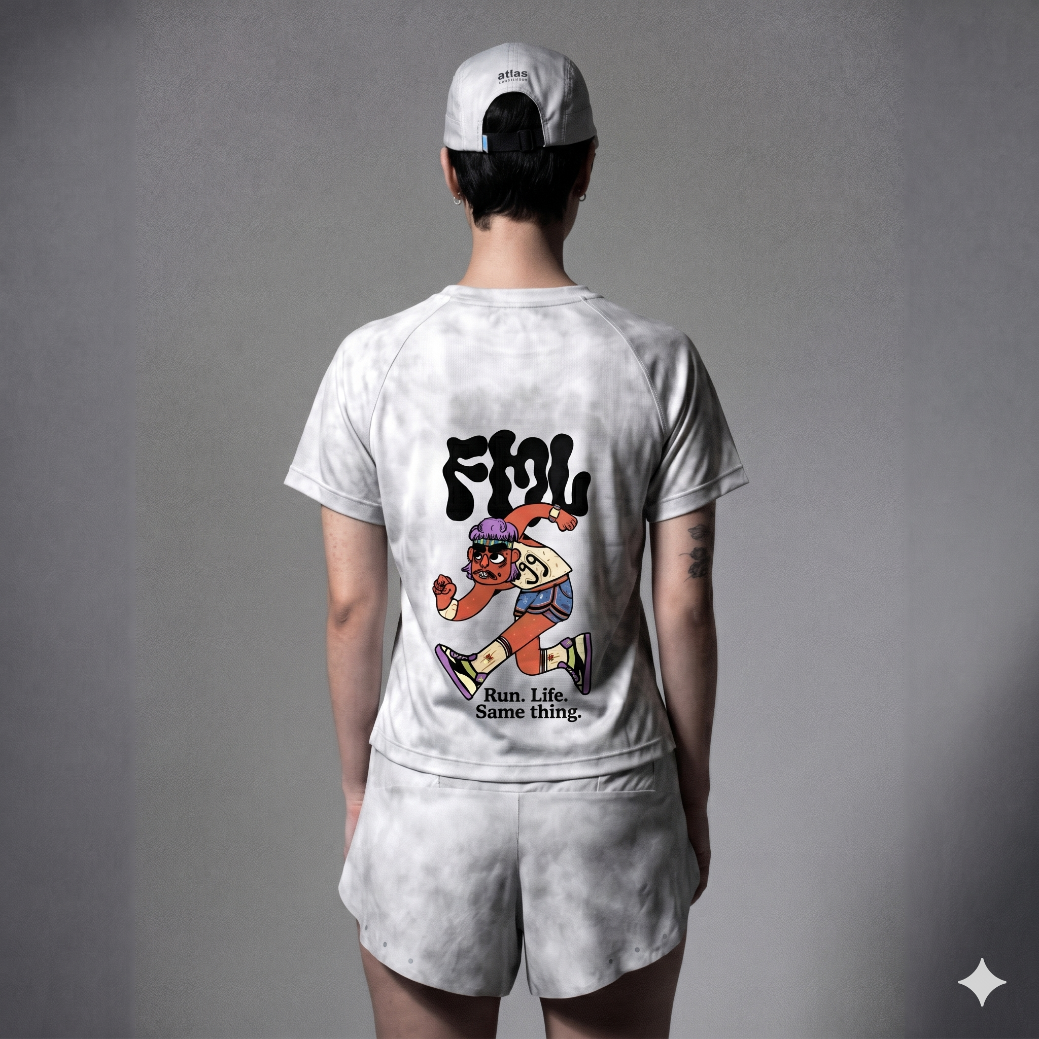 FMLxAtlas WMNS T-Shirt grey tie-dye with raglan sleeves and reflective details for running