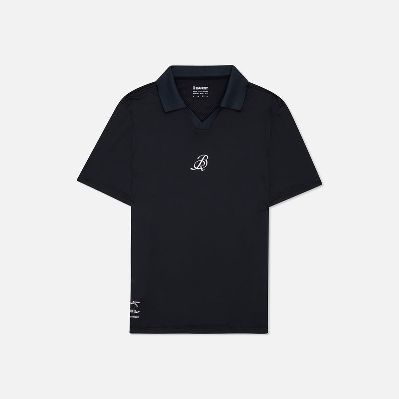 NanoMesh™ Collared Performance Tee in Black with reflective branding and flat knit collar.