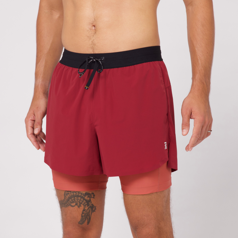 Men's Vento™ 4" 2-in-1 Short in cherry/spice color with drawstring waistband and inner liner.