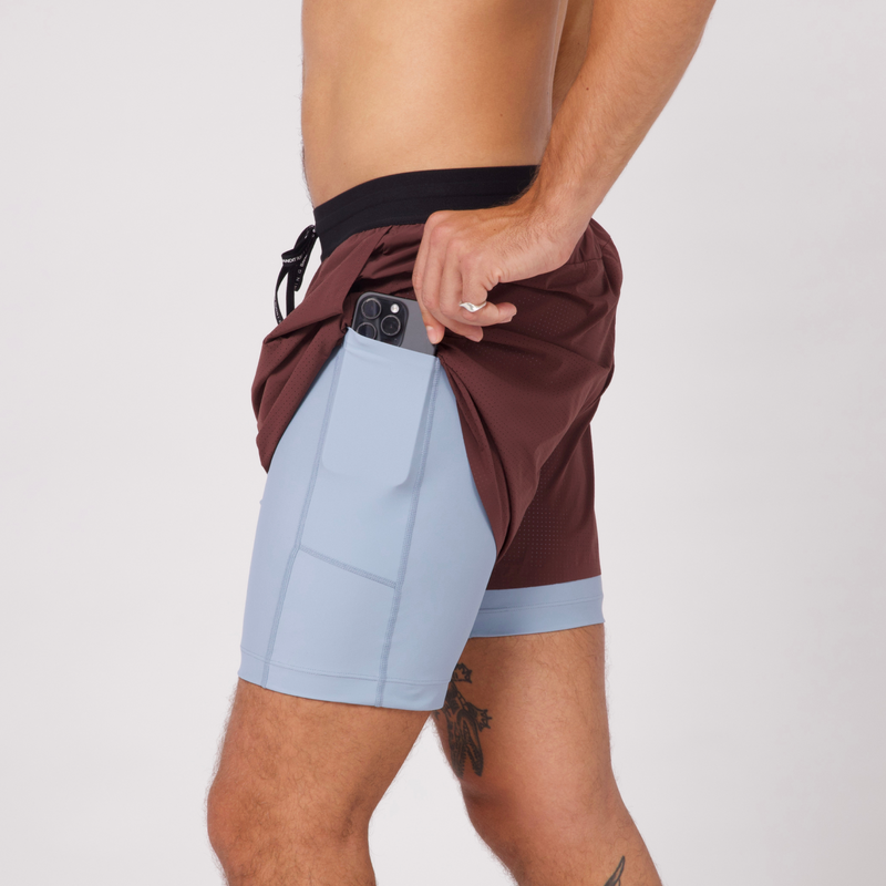 Men's Vento™ 4" 2-in-1 Performance Short in Chocolate/Smokey Blue with phone pocket.
