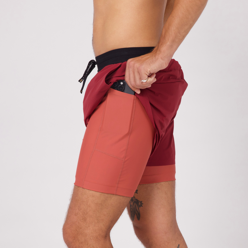 Men's Vento™ 4" 2-in-1 Short in Cherry/Spice showing built-in compression liner with pocket.