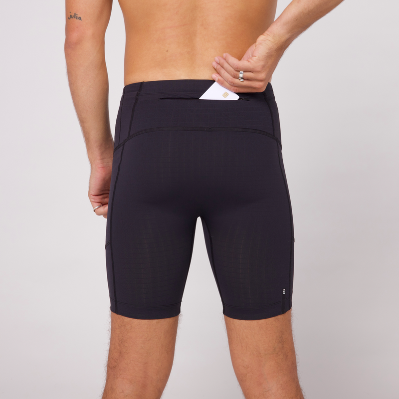 Men's Gridlock™ Next Gen 7 Pocket Half Tights with rear zippered pocket, showcasing dark fabric and compression fit.
