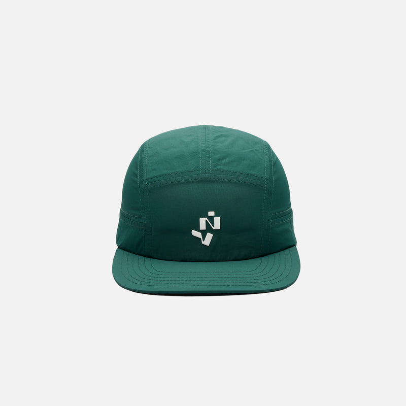 Nylon "NY Runner" run hat in pine green with high-density branding, adjustable back closure, and internal mesh sweatband.
