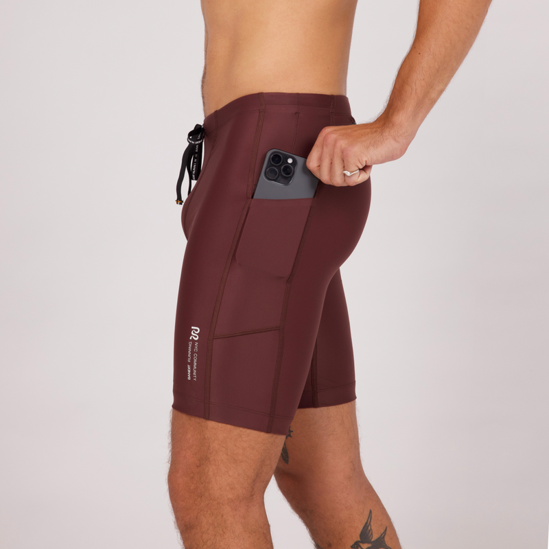 Superbeam Half Tights - Chocolate with iPhone pocket and signature branding.