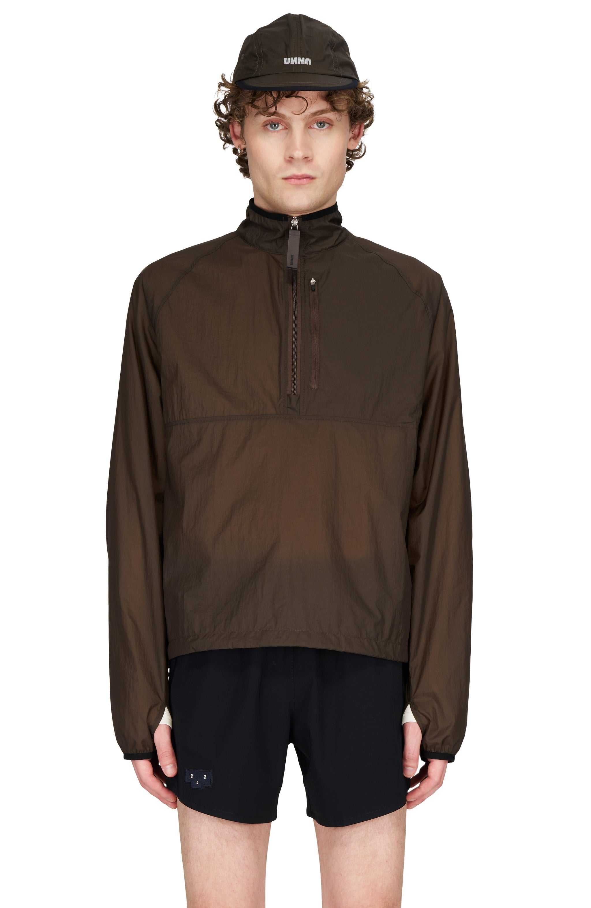 Lightweight water-repellent running jacket in Wren Brown, made from recycled polyester.