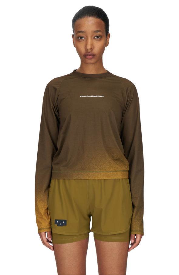 Women's long sleeve brown and golden running T-shirt, gradient design, quick-drying recycled polyester.