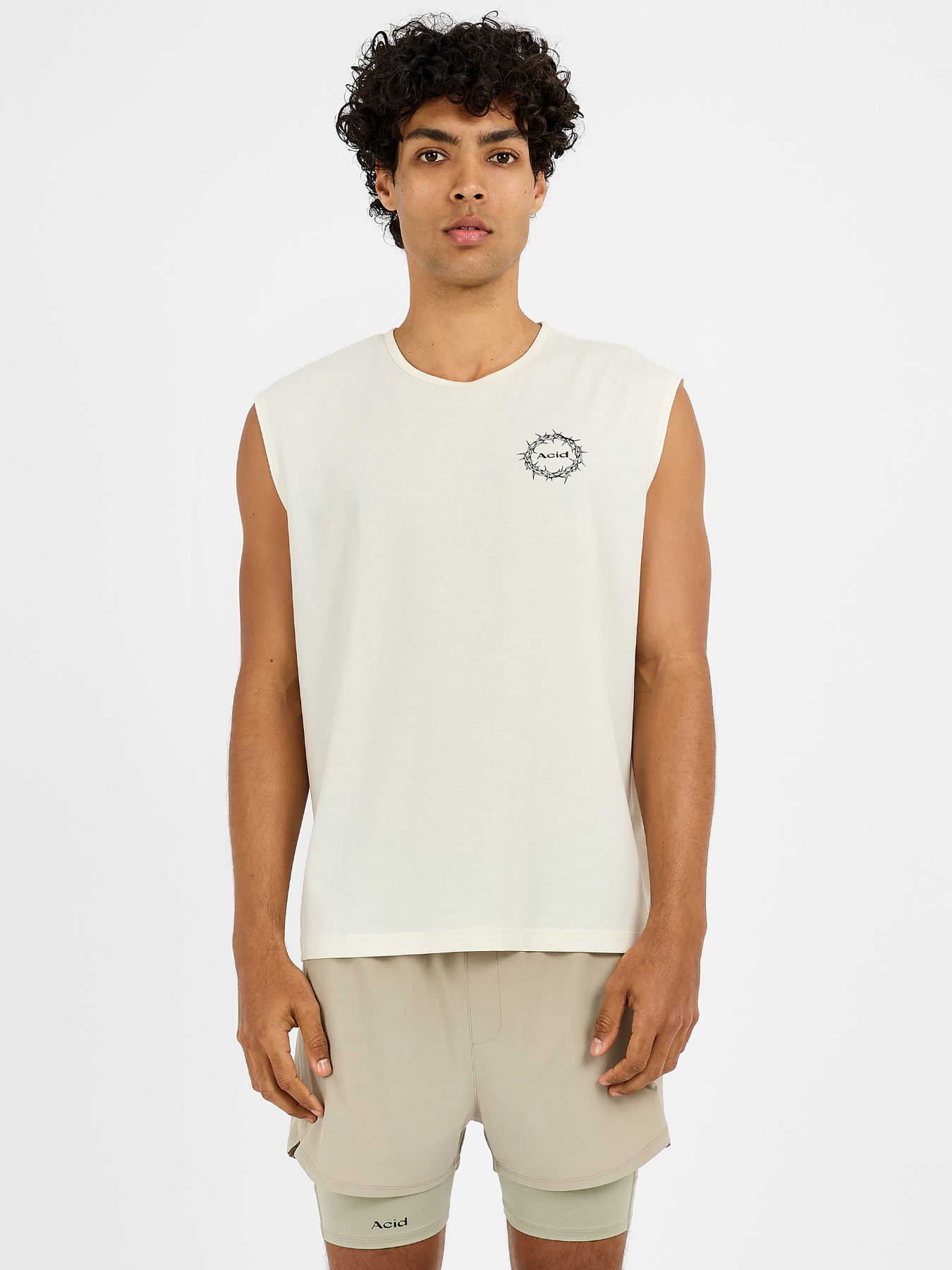 Men's The Good Fight Tank in bone color, sleeveless design with a small black graphic on the chest, relaxed fit.