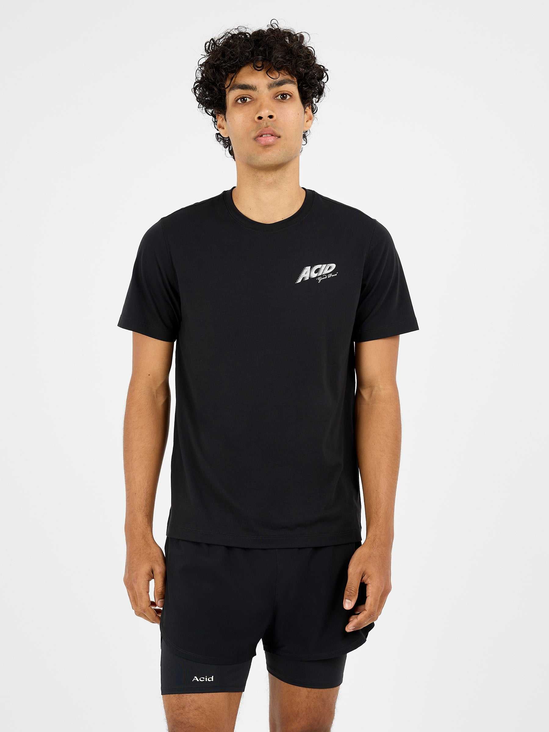 Men's Good Pace T-Shirt in black with short sleeves, crew neck, and small white "Acid" logo on chest made from lightweight performance fabric