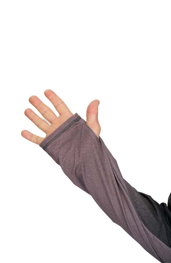 Men's long sleeve running T-shirt in black and grey with gradient print and raglan sleeves.