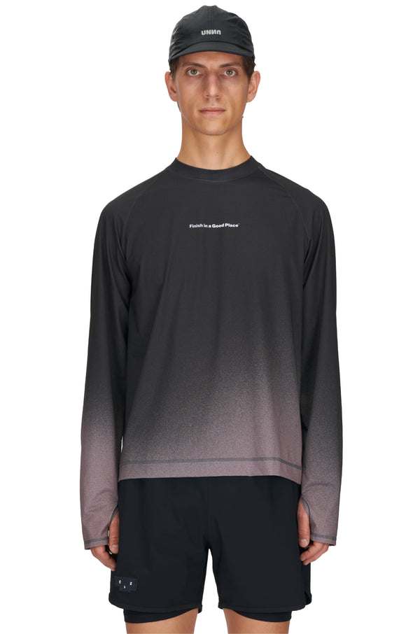 Men's black and grey long sleeve running T-shirt with gradient design by UNNA.