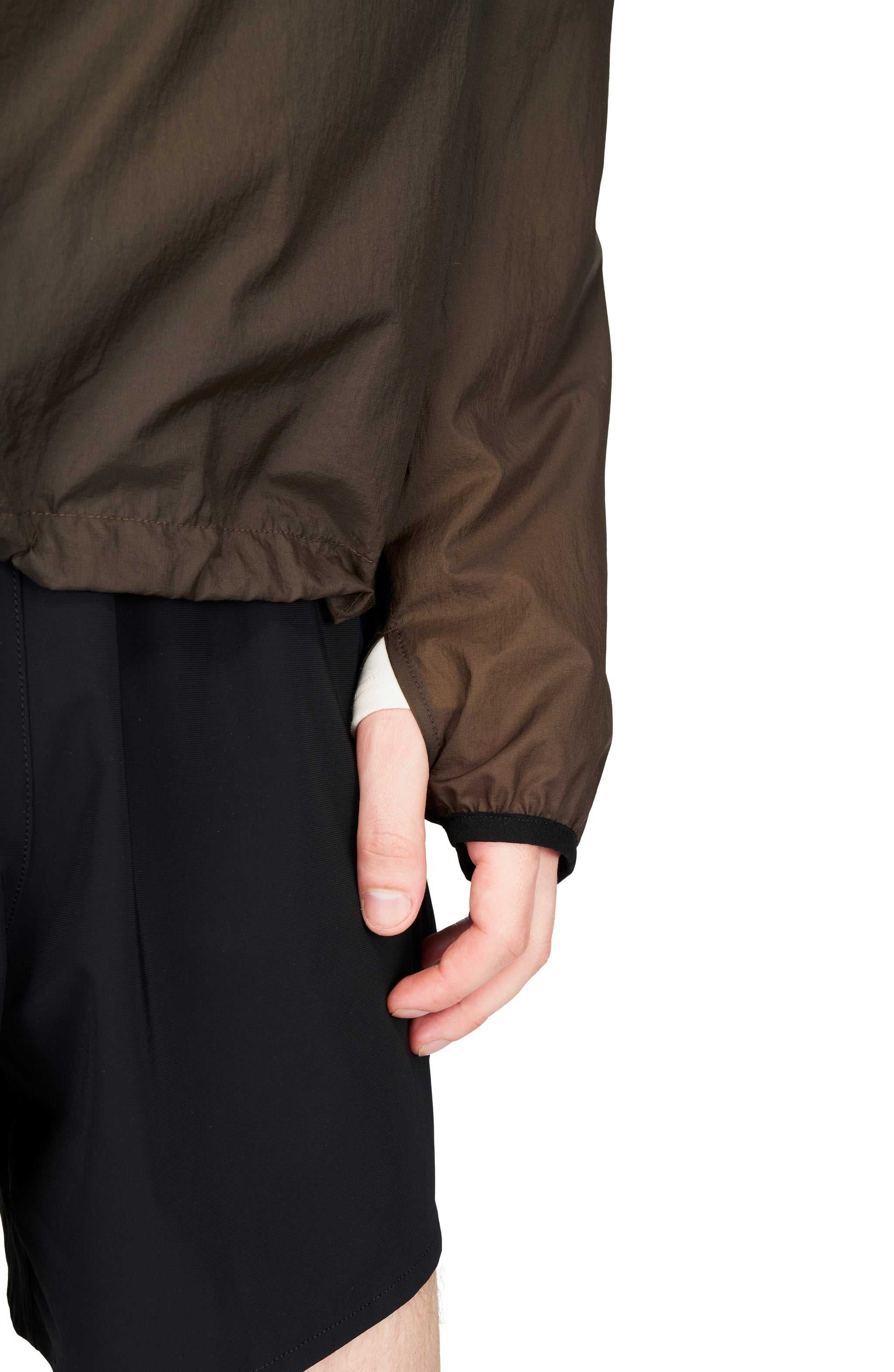 Lightweight water repellent running jacket in Wren Brown with thumb holes,