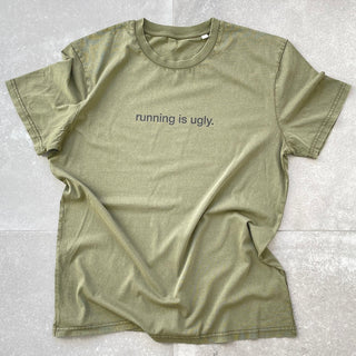 vintage green unisex tee with "running is ugly" text, organic cotton