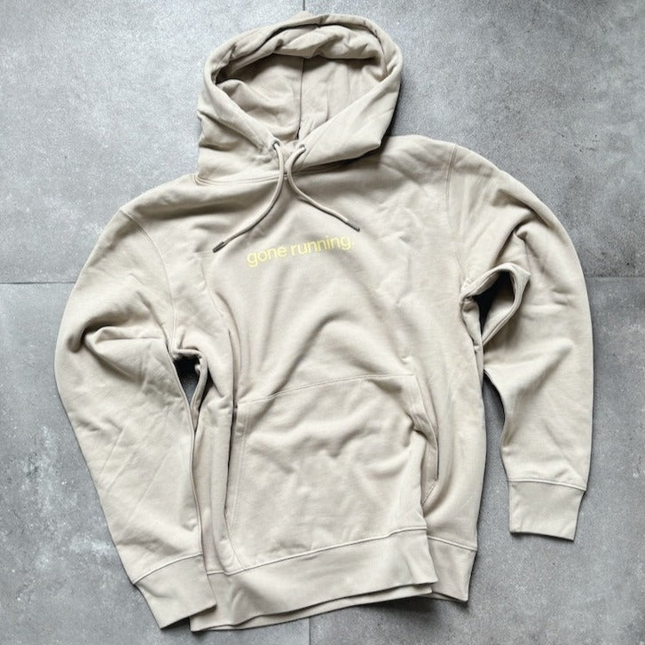 Unisex hoodie with "gone running" text, suitable for desert running, made from recycled polyester and organic cotton.