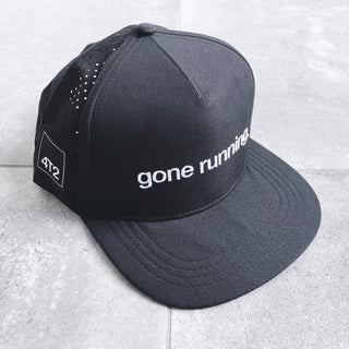 technical trucker hat with 'gone running.' text, flat bill, snapback, ventilated panels
