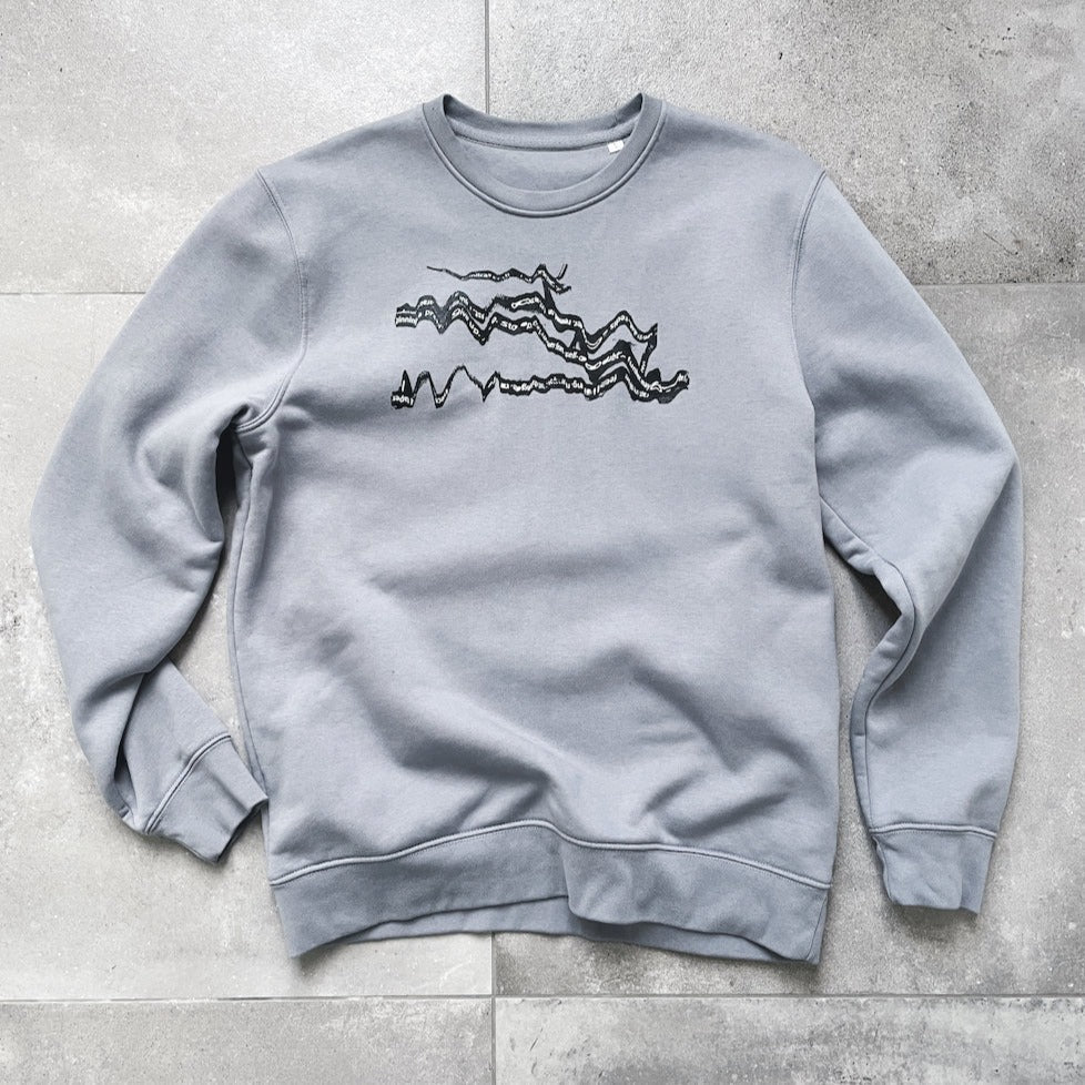 Gray unisex sweater with DNA wave design, made of recycled polyester and organic cotton.