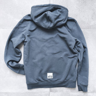 unisex eco-friendly hoodie in dark color, recycled polyester and organic cotton