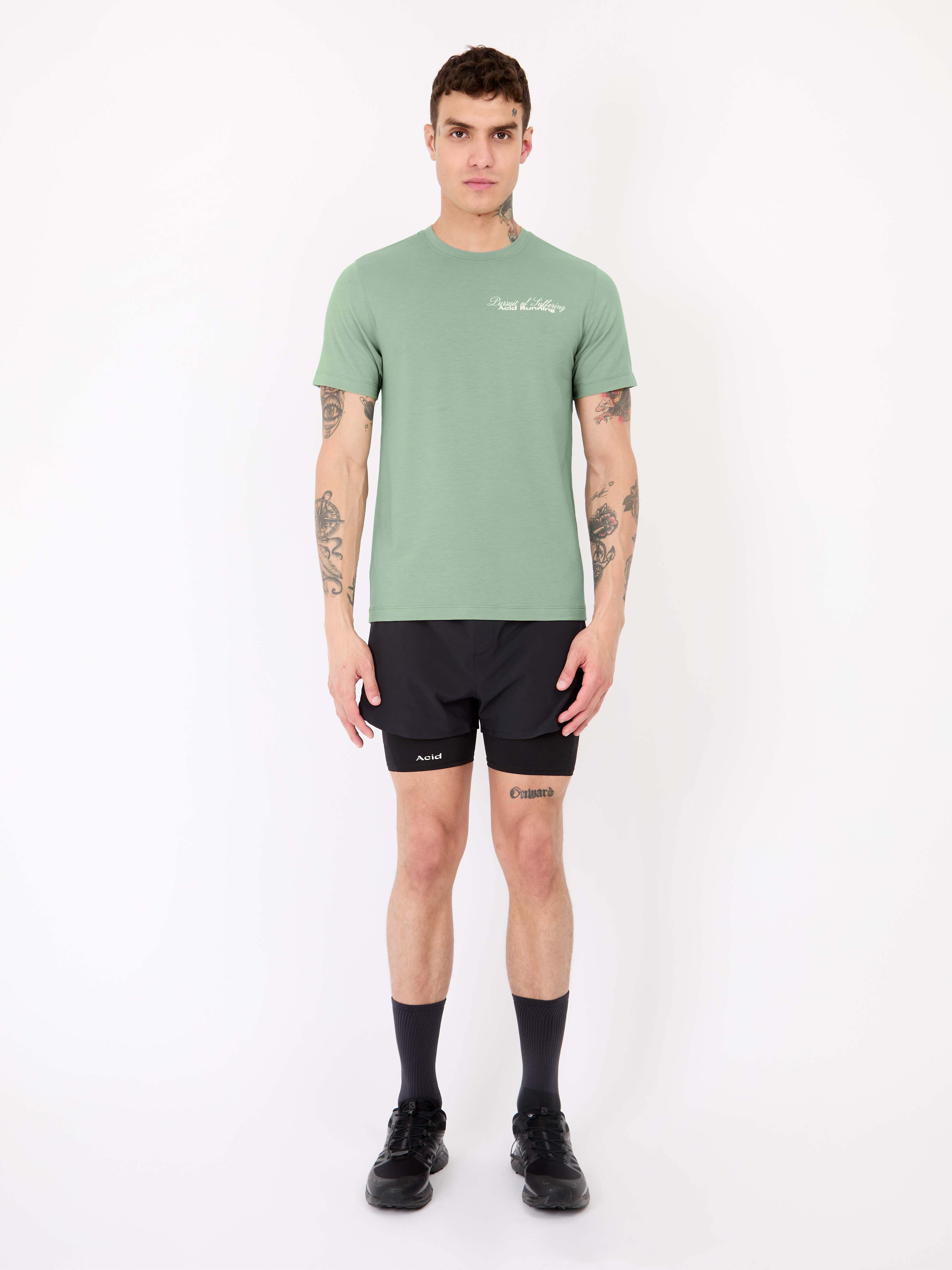 Iced green Runner's Fate T-Shirt with sweat-wicking and odor-resistant fabric, featuring off-white prints.