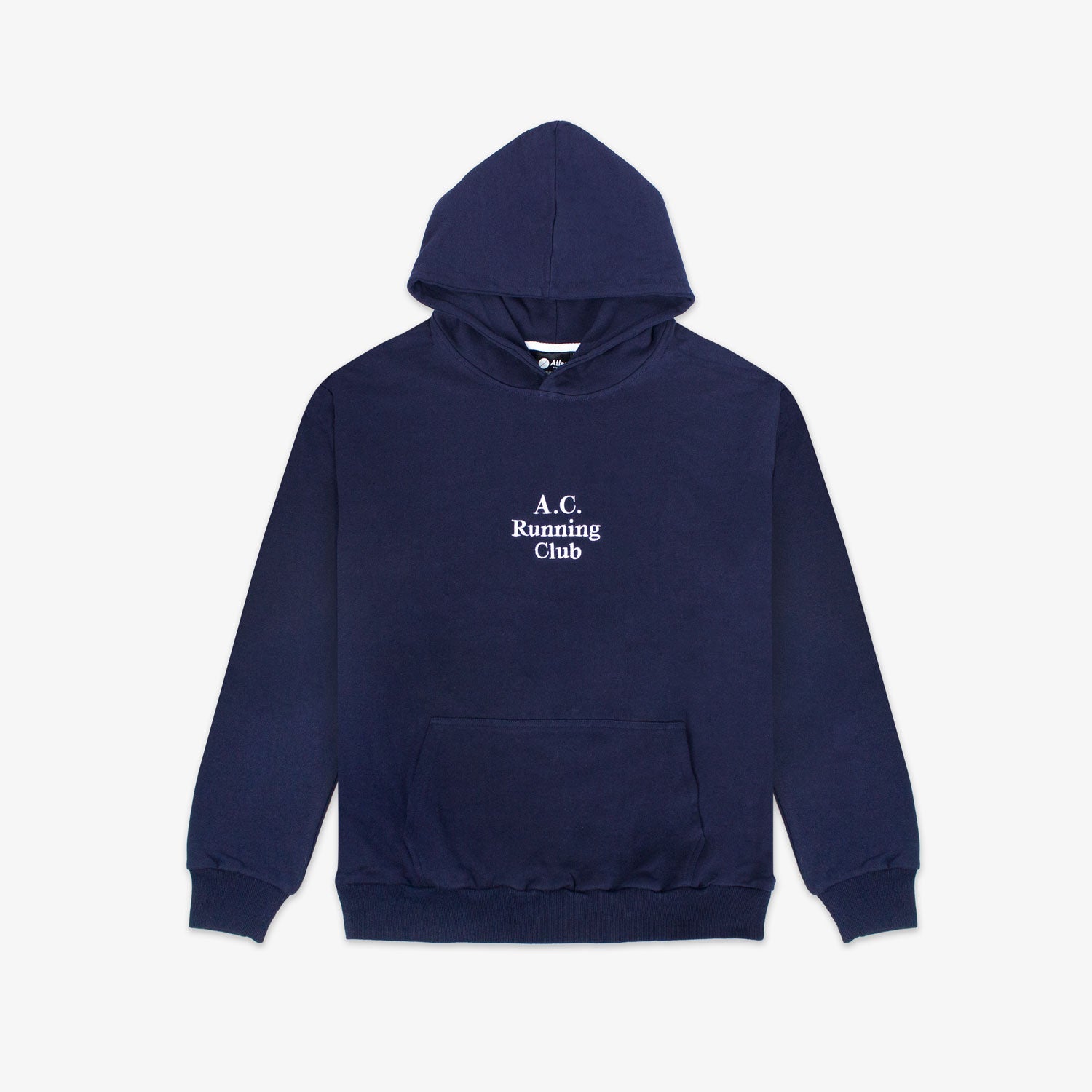 Navy blue LPU bamboo hoodie with "A.C. Running Club" text, made from breathable bamboo cotton.