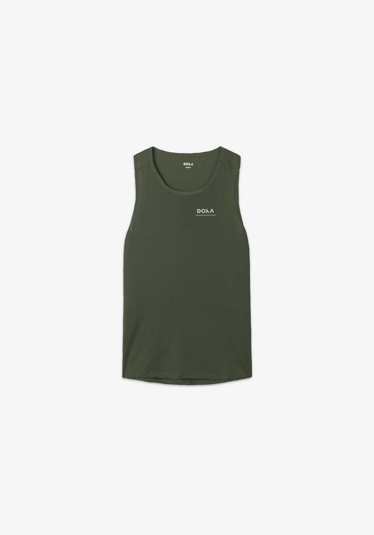 MNS RERUN SINGLET in forest green, feather-light, moisture-wicking, racerback tank top with reflective graphics.
