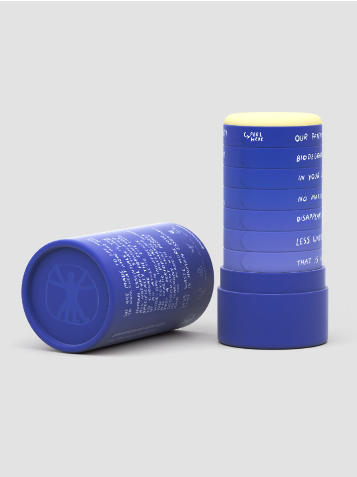 Blue and yellow Human deodorant with text details and cylindrical design.
