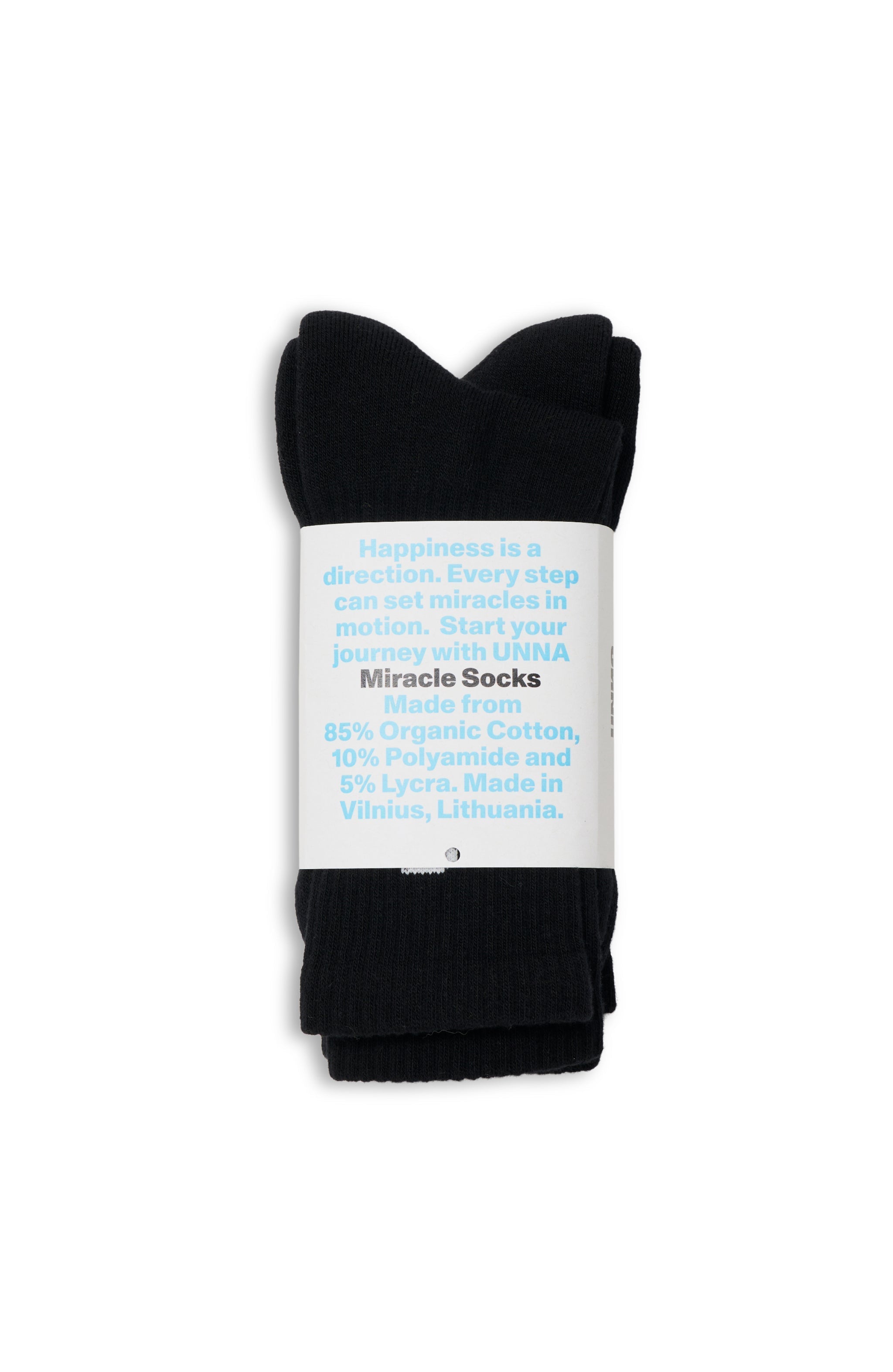 Black recycled running socks with UNNA logo, made from 85% recycled cotton.