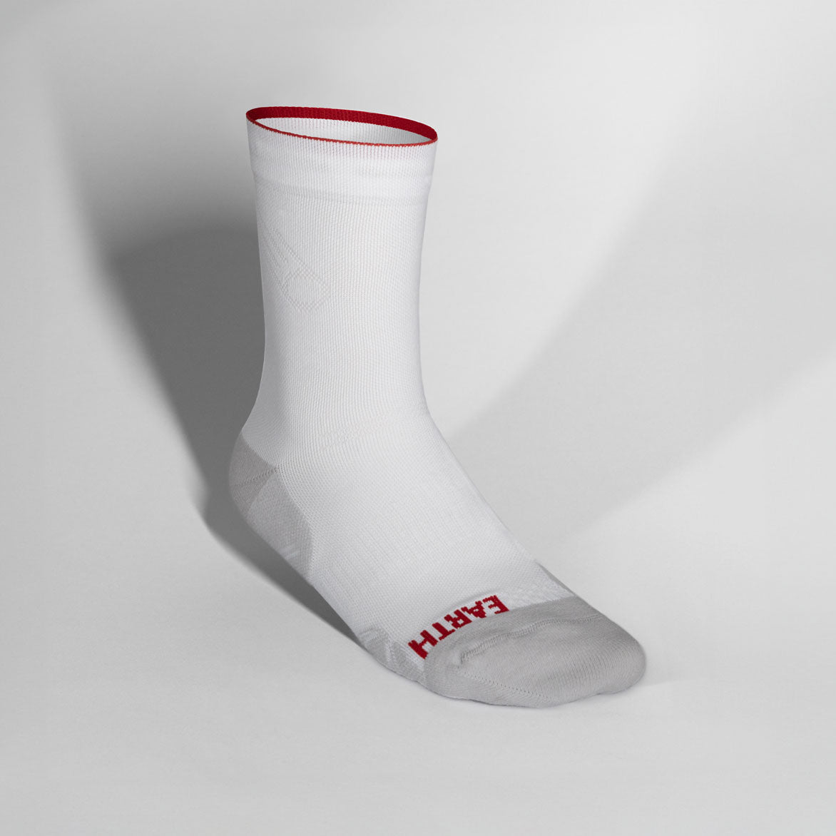White running sock with breathable zones and cushioning for optimal fit and performance.