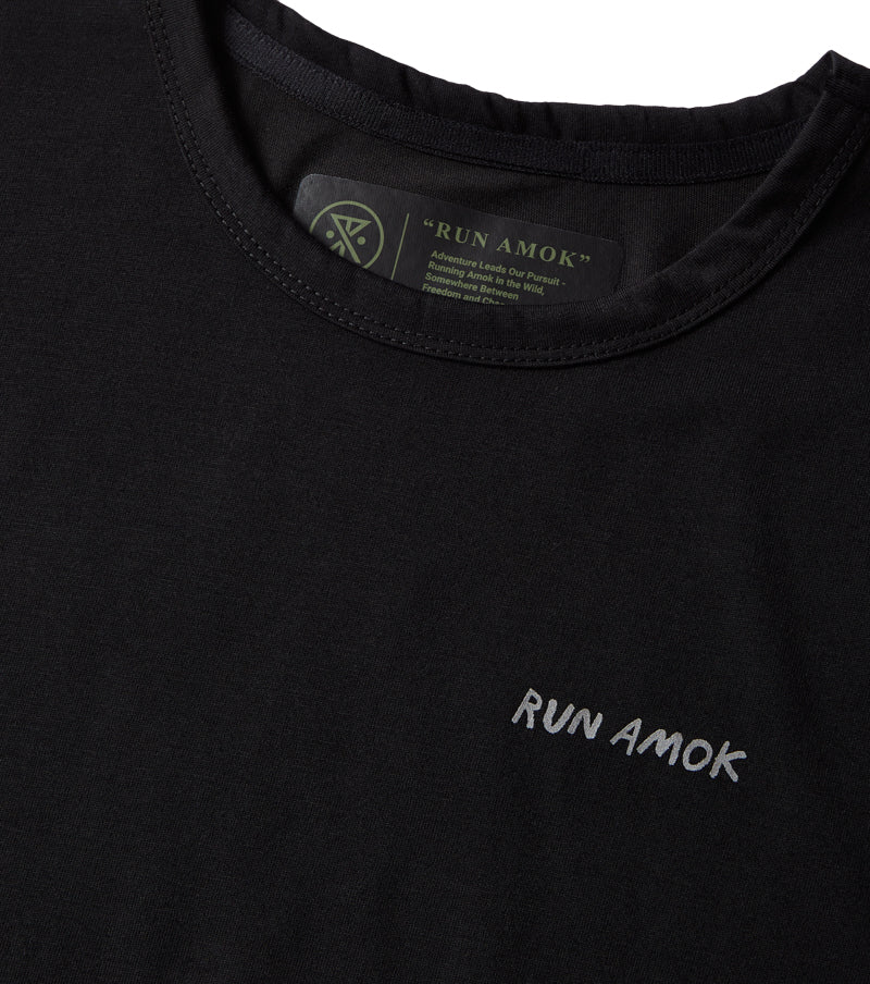 Mathis Core Shop Running Tee in black with "Run Amok" label, lightweight DriRelease knit fabric.
