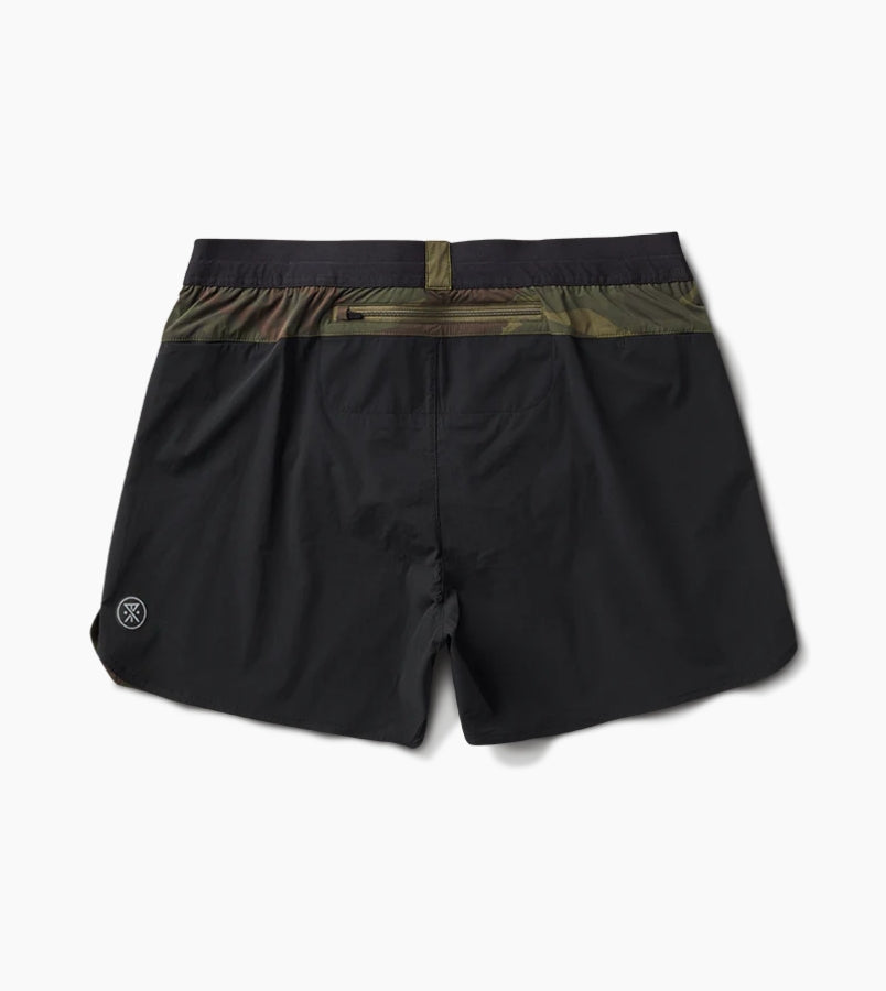 Alta Shorts 5" in black with camo pattern, featuring a lightweight design, 4-way stretch nylon, and moisture-wicking liner.