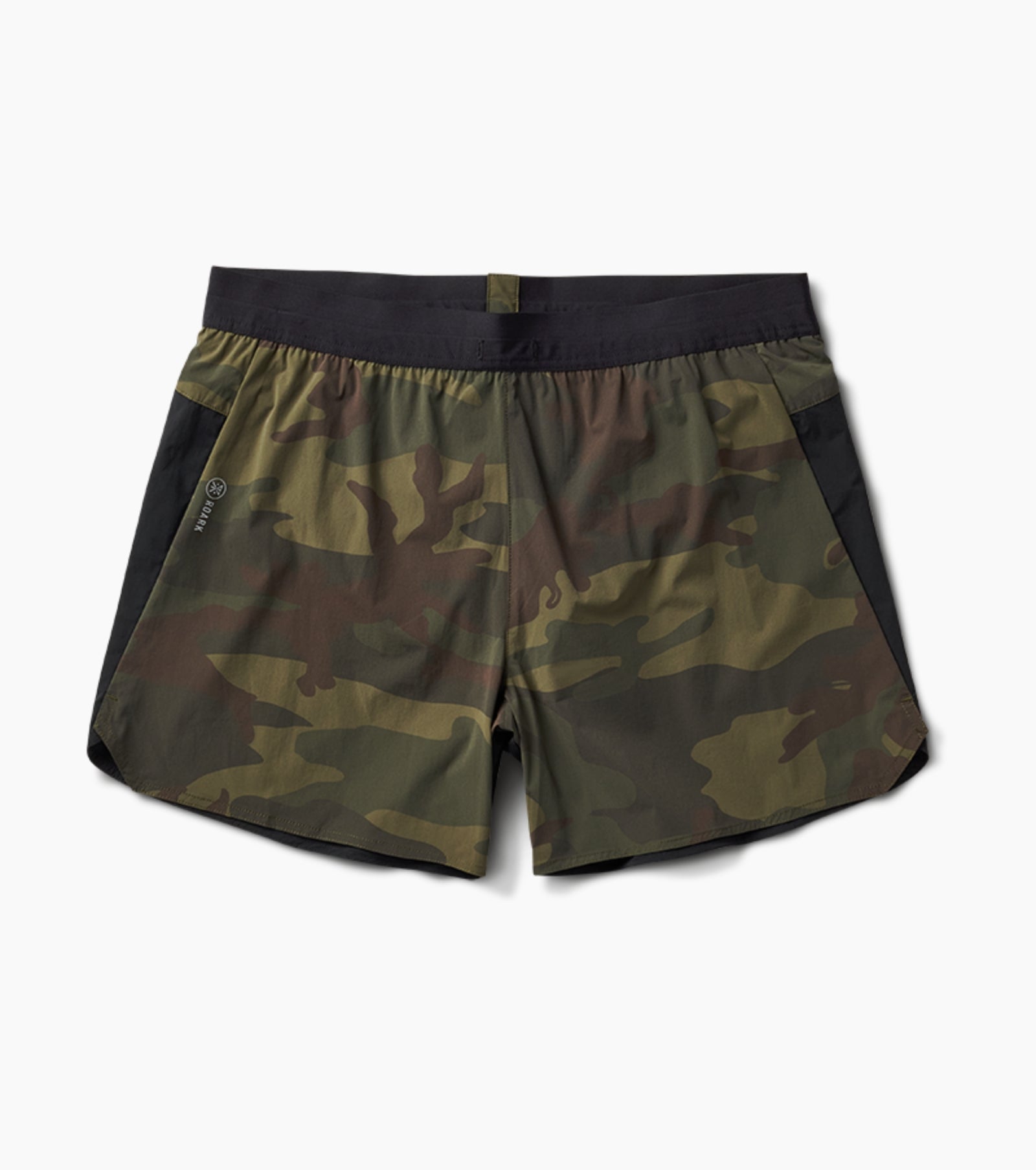 Camo patterned Alta Shorts 5-inch with moisture-wicking liner and zip pockets.
