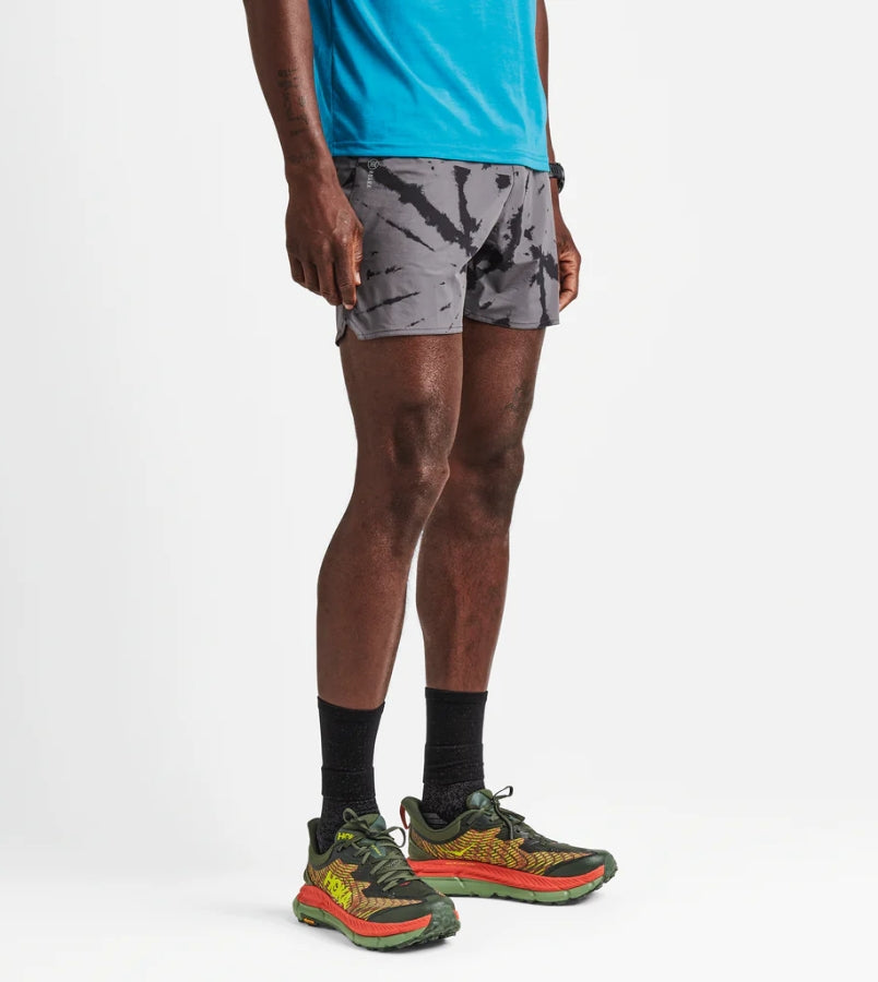 Alta Shorts 5" in grey custom tie-dye design, featuring lightweight, 4-way stretch nylon fabric, moisture-wicking brief liner, and reflective logo.