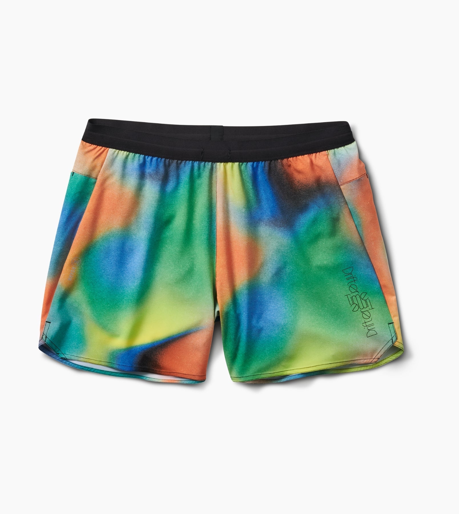 Colorful Alta Shorts 5" with tie-dye design, elastic waistband, zip pocket, and reflective logo.