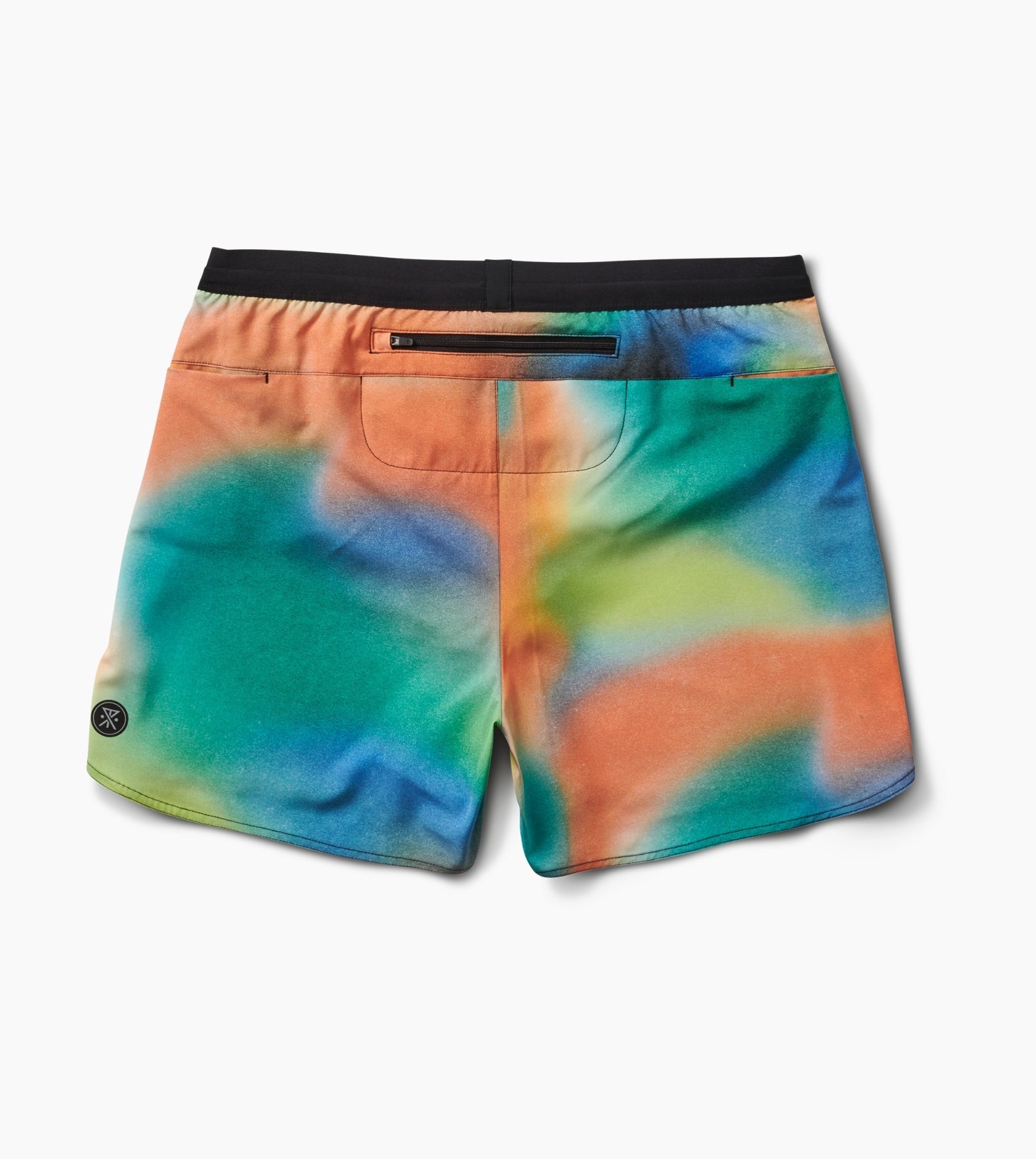 Alta Shorts 5" with tie-dye pattern, featuring lightweight 4-way stretch nylon, moisture-wicking liner, rear zip pocket, and elastic waistband.
