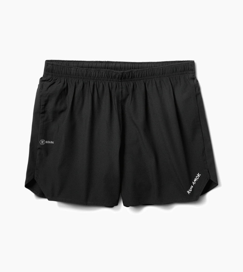 Baja Shorts 5" with elastic waistband, rear waterproof pocket, and lightweight brief liner for running.
