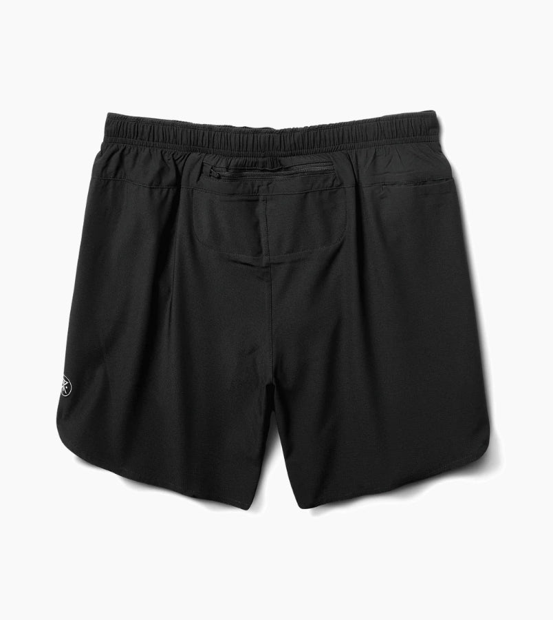 Baja Shorts 5" in black with elastic waistband and rear waterproof pocket.